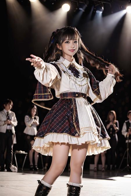 realistic, photorealistic, masterpiece, best quality, idol_costume, knee boots, 1girl, solo, smile, idol, full body, looking at viewer, long black hair, twintails,standing on stage, stage lighting, stage spotlight, detailed background,<lora:Cute Asian Face:0.6>,  <lora:idol_costume_style3_v3:0.7>