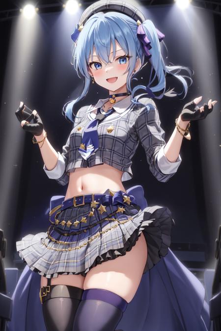 1girl, solo, best quality, masterpiece, 1girl, solo, gloves, blue eyes, star \(symbol\), navel, hat, blue hair, hoshimachi suisei, skirt, jewelry, choker, thighhighs, plaid, belt, socks, blue socks, on back, grey headwear, black gloves, blue choker, microphone, midriff, crown, beret, side ponytail, smile, shirt, ribbon, partially fingerless gloves, looking at viewer, single thighhigh, shorts, star in eye, open mouth, plaid headwear, single sock, shorts under skirt, hair between eyes, thigh strap, bracelet, kneehighs, symbol in eye, star earrings, bangs, hair ribbon, single kneehigh, blue ribbon, asymmetrical legwear, plaid skirt, star choker, jacket, earrings, crop top, buttons, skirt lift, collarbone, long hair,  blush, long sleeves, breasts, plaid jacket, collared shirt, thighs, grey skirt, lifted by self, black choker, sidelocks, grey jacket,  :d, black shorts, uneven legwear, mini crown, bow, frills, boots, blue nails, miniskirt, short necktie, necktie, blue belt, short shorts, small breasts, underwear, blue bow, belt buckle, cowboy shot, stage, concert, smile, dynamic pose,  <lora:hoshimachi_suisei_v1.0-000002:0.6>