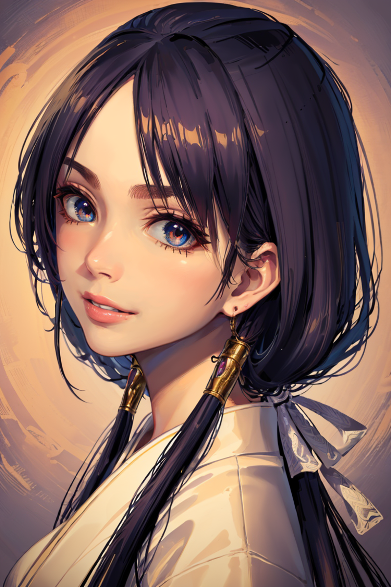 A beautiful illustration of a girl with blue eyes, pearl earrings, and long black hair.