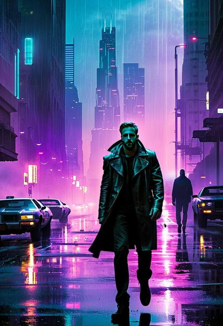 In a dystopian Los Angeles, 2049. A gritty, neon-lit metropolis hangs precariously between ruin and rebirth. K (Ryan Gosling) walks solo down a desolate street, flanked by towering skyscrapers, as rain-soaked streets glisten like polished steel. His eyes scan the shadows, ever vigilant for rogue replicants. The city's perpetual twilight casts long silhouettes, while searchlights pierce the gloom, illuminating K's determined stride.