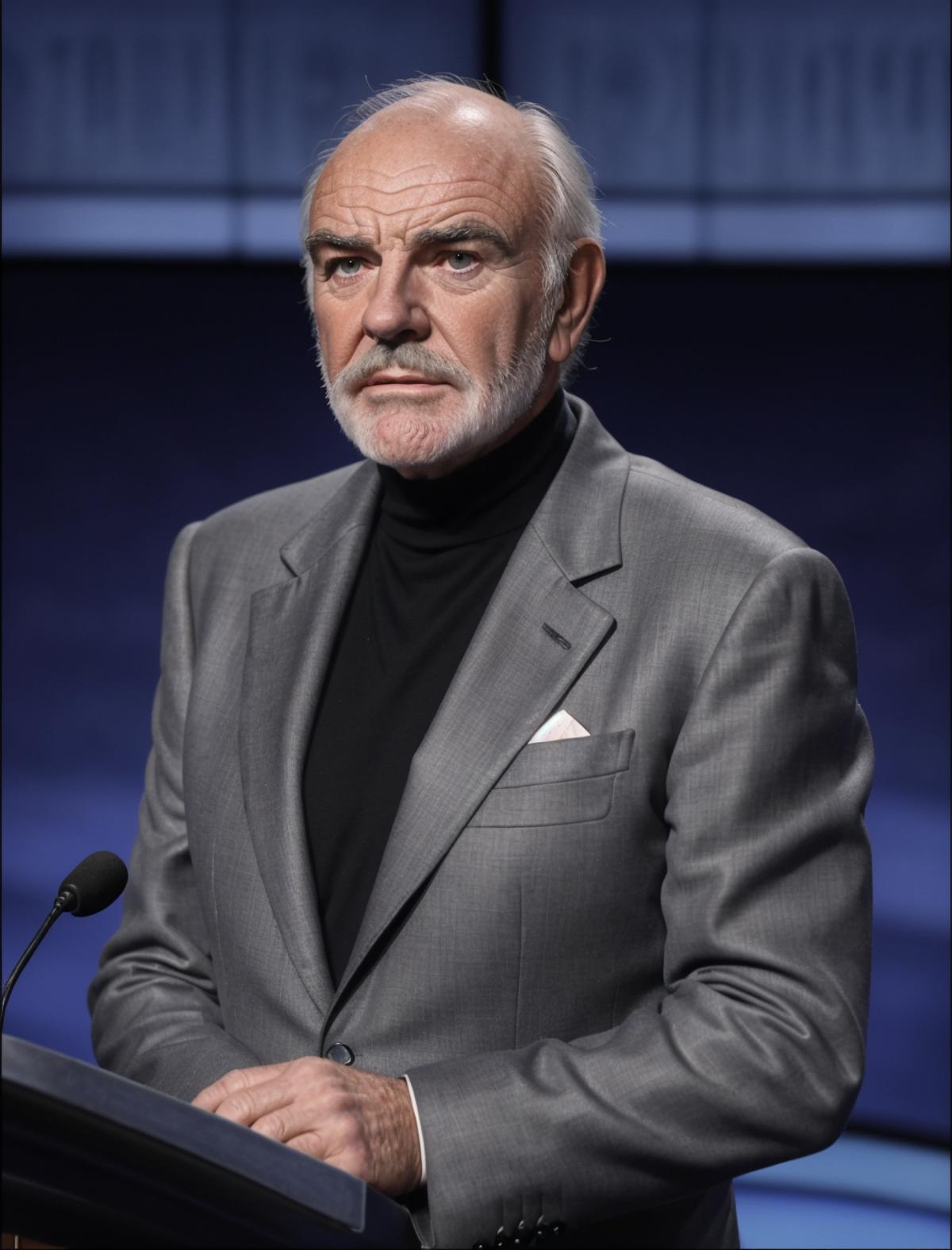 A man in a gray suit and black turtleneck stands on a stage.