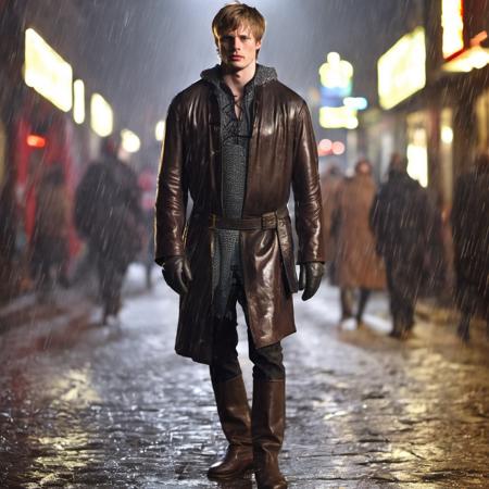 masterpiece, best quality, a full body shot of  bradley james man nude men on the street, wavy windswept hair, dramatic, gritty, cinematic, dark, neon lights, realistic, shoes, city, rainy, flaccid penis <lora:Bradley_James-000005:1>