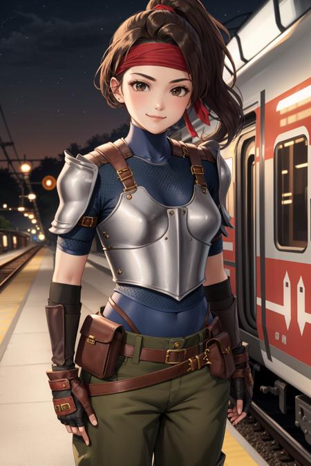 masterpiece, best quality, jessie rasberry, headband, armor, blue bodysuit, belt, pouch, fingerless gloves, green pants, smirk, arms to side, looking at viewer, train station, night<lora:jessie-nvwls-v2-000010:0.9>