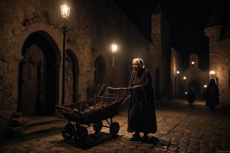 wide angle, masterpiece , medieval scenery of a lively torch-lit courtyard of a  old castle with a fountain, an old woman in medieval clothing carries wood, children play and running around, a cart is pulled by a farmhand,
(darkness:4.0), midnight,  dark, dangerous, ghostly, spooky, scary, horror, mystical, creepy,  <lora:add-detail-xl:1.8>,  
Ultra-HD-details, true to life, HDR image,High detail resolution, high detailed, realistic,sharp focus,(very detailed),((4K HQ)),depth of field,f/1.2,Leica,8K HDR,High contrast,shadows, bokeh, (8K HDR photo),realistic texture,realistic shadows,accurate to life,living image,lifelike , shallow depth of field, (vignette:1.5), highly detailed, high budget, bokeh, cinemascope, moody, epic, gorgeous, film grain, grainy, Extremely high-resolution details, photographic, realism pushed to extreme, fine texture, incredibly lifelike,  Eerie, unsettling, dark, spooky, suspenseful, grim, highly detailed . Eerie, unsettling, dark, spooky, suspenseful, grim, highly detailed . Eerie, unsettling, dark, spooky, suspenseful, grim, highly detailed