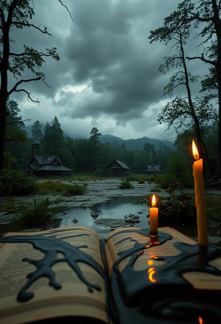 vast lush swampy landscape, cozy candle lit tavern inn in the distance, The subject nimbus clouds portal gateway opening in the forground over a book if magic and waxy dripping candles, a lush swampy swamp,  macro of oil and water not mixing is a swirling mass of floating ink that appears as an  at an aperture of f/1.4. The image is artistic and surreal, blending realism with abstraction, capturing movement and energy through its dynamic motion and flowing forms. Abstract shapes, hyperrealistic nature photography of a lush submerged swamp forest medium format kodak gold, eldritch magic, wideangle shot of a forest grove, mountains in the background