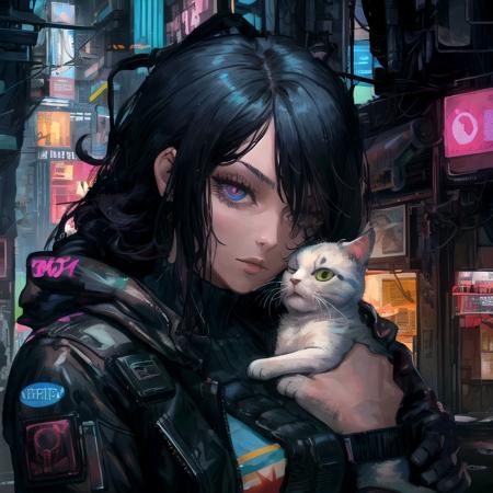 close-up, a girl holding a cat, midnight, cyberpunk city, masterpiece