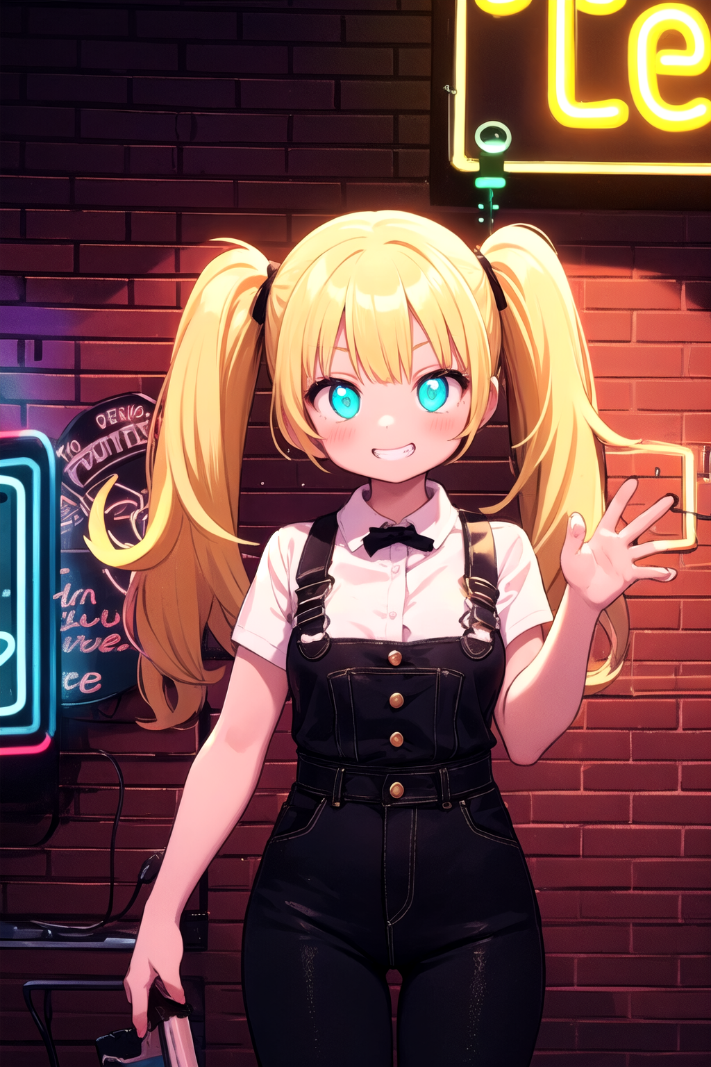 1girl,blonde twintails,looking at viewer,brick wall,(neon lights, neon sign:1.3),cowboy shot,grin,