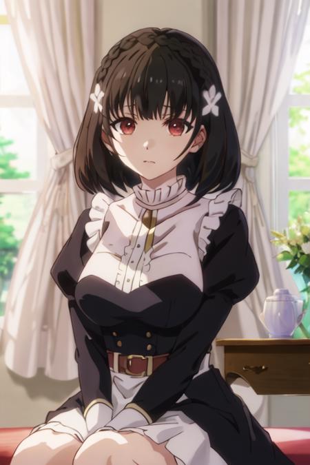 best quality, masterpiece, highres, solo, {lainie_cyan_tenseioujototensaireijounomahoukakumei:1.15}, black_hair, short_hair, hair_ornament, bangs, flower, hair_flower, braid, crown_braid, blurry, red_eyes