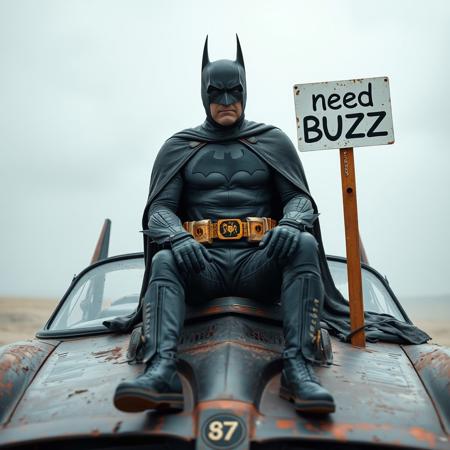 77 year old Batman in worn out batman bodysuit and ripped worn cape sitting on hood of his rusted and worn Batmobile glonker holding sign "need BUZZ"