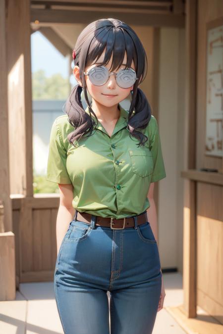 (masterpiece, best quality:1.2), <lora:orenoimouto_makishima-10:1>, cowboy shot, solo, 1girl, makishima saori, smile, closed mouth, looking at viewer, arms behind back, twintails, glasses, green shirt, jeans, belt