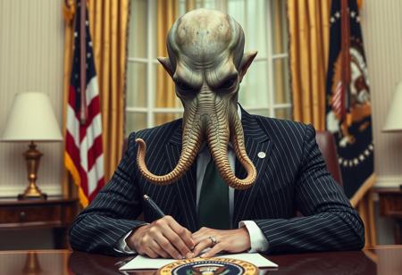 president cthulu in a sharp pin striped suit posing for presidential portrait in the oval office, real photograph, signing bill, empty eyes, lovecraftian, vote for cthulu photorealistic, correct hands, correct fingers, seal of the president of the united states, ad to vote