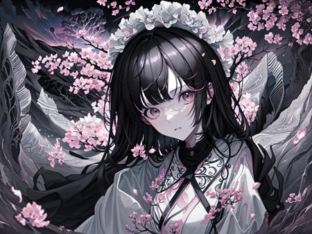 (best quality, masterpiece),(1girl, miko, coat, expression face, black eyes, looking at front ,black hair, walking, upper body), (night strray sky, huge old tree behind, falling glowing pink petals behind, shrine behind, mountain background, blowing wind, meteoric cloud)