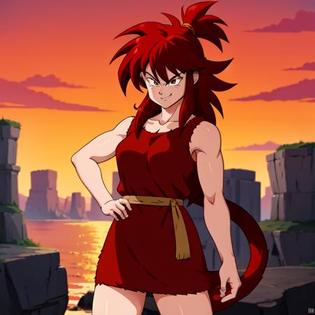 <lora:Primitive Saiyan Woman:0.9> Saiyaness a cartoon character with a red hair and a red animal pelt and a lashing Saiyan monkey tail with a primeval background from Planet Vegeta red sky, Saiyaness an anime Saiyaness girl with a monkey tail and a primeval animal pelt grinning evil grin hair tied, brown animal skin pelt, evil smirk, hair tied, long wild spiky hair, hair over shoulders, mane of hair down back