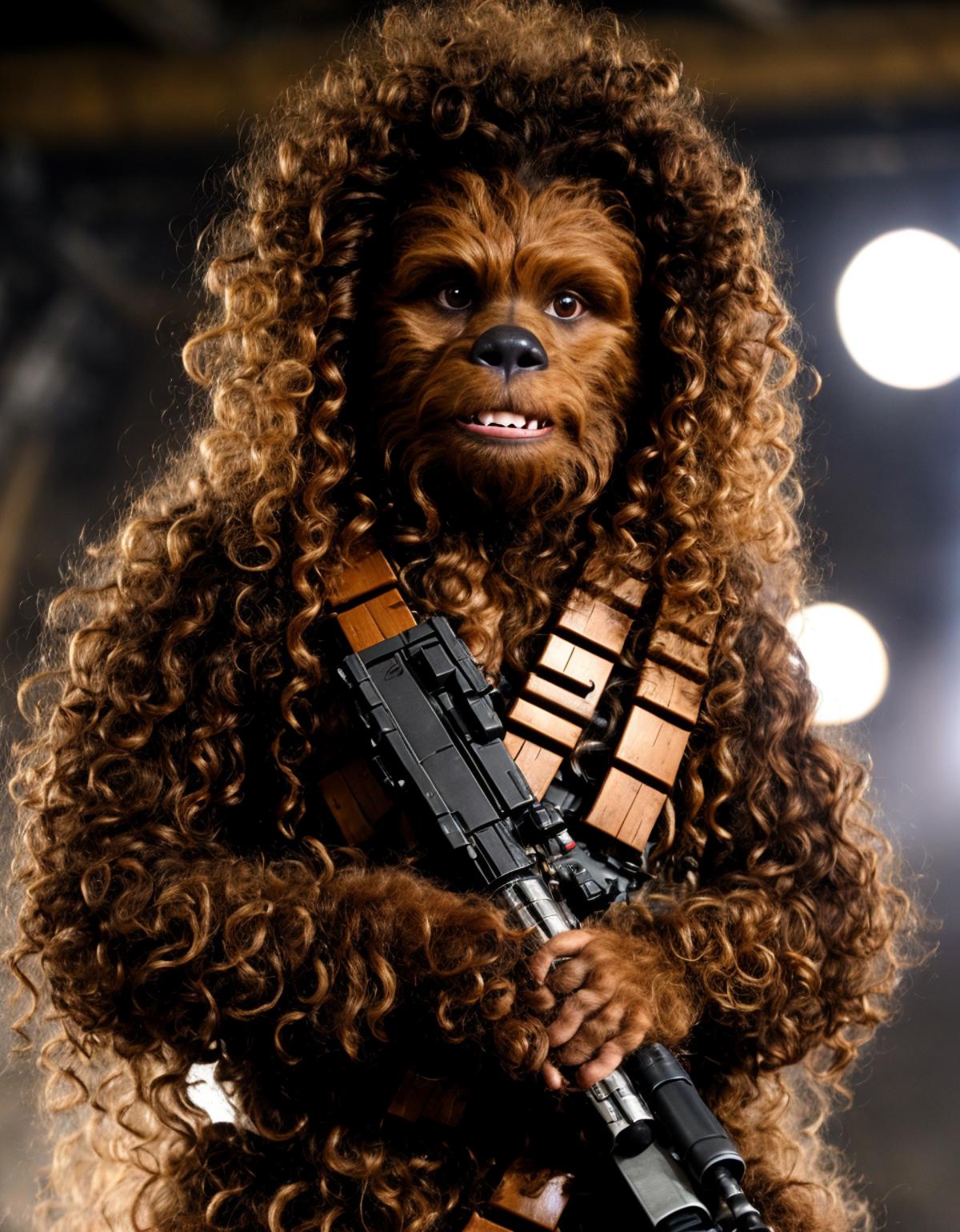 Curly-haired monkey with a gun, possibly a furry creature, standing in a room.
