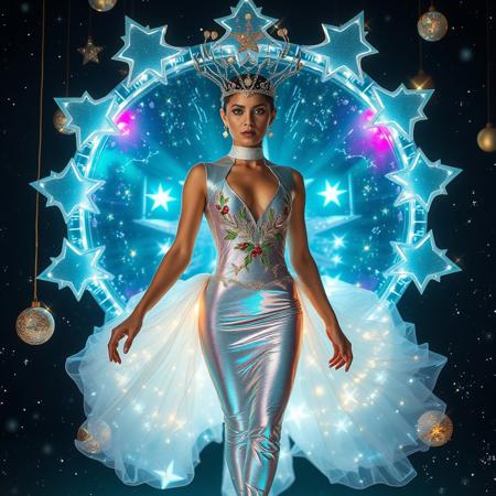 A futuristic Christmas gown inspired by the cosmos, blending celestial elements with holiday motifs. The dress is a form-fitting bodysuit made of shimmering, holographic fabric that reflects the colors of the aurora borealis. A massive, gravity-defying skirt made of translucent, glowing star-shaped panels orbits around the model like a galaxy. Her headdress is a metallic crown resembling a constellation, with tiny LED lights twinkling like stars. The bodice features intricate embroidery of holly leaves and berries, but in metallic silver and gold. She floats in a zero-gravity environment, surrounded by glowing ornaments and cosmic dust. Keywords: futuristic, holographic, constellation, aurora borealis, LED, holly, galaxy, cosmic