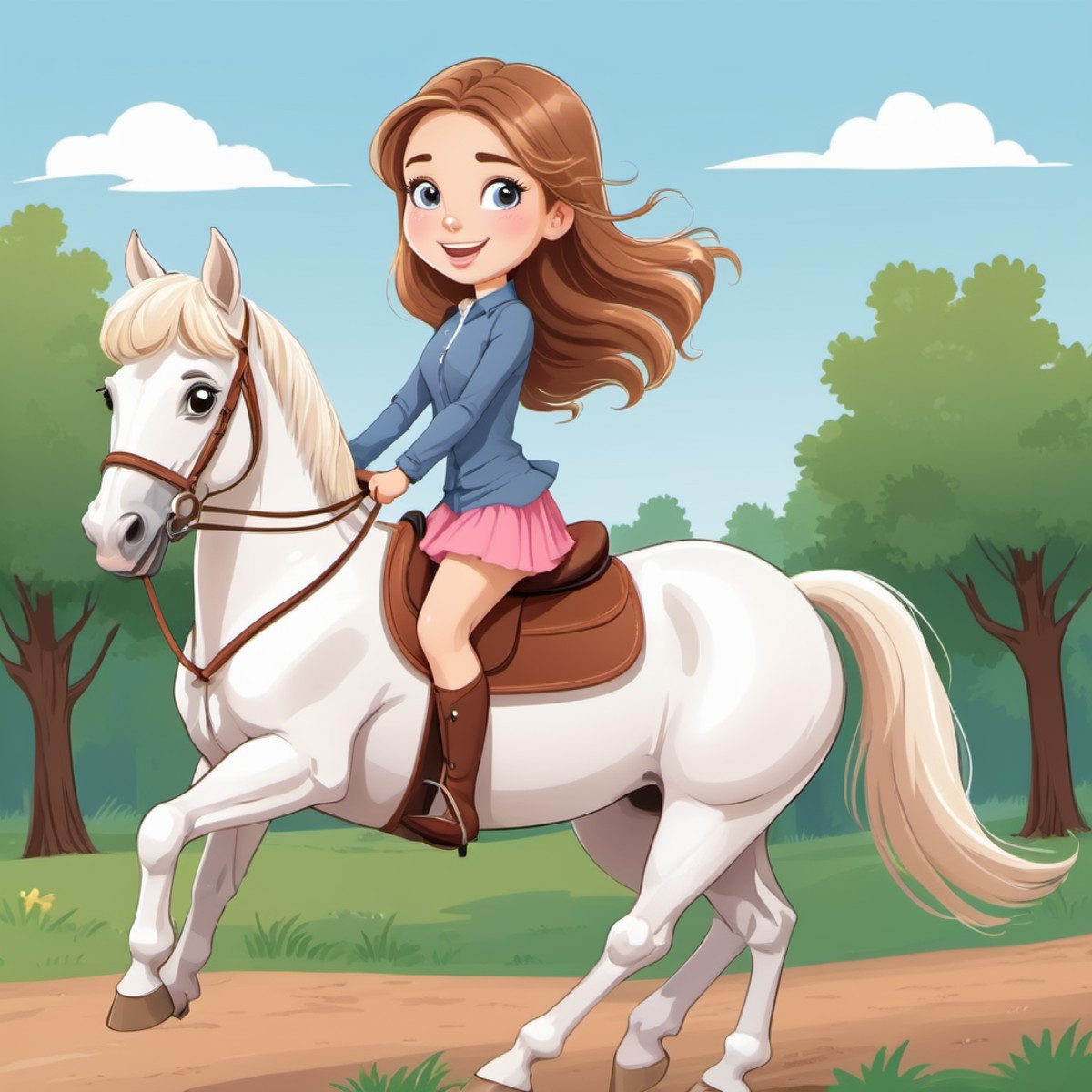 a pretty girl riding a horse, cartoon