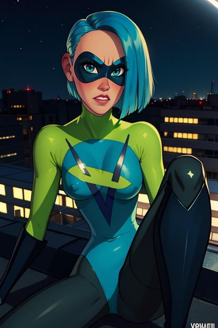 Voyd,blue hair ,dark skin,blue eyes ,short hair, lips, upper body , nervous,  solo,  buck teeth,   sitting, 
VoySui, black domino mask multicolored ,bodysuit, boots, skin tight, green sleeves,  covered nipples, 
  stars,  city,  on roof, 
(insanely detailed, beautiful detailed face, masterpiece, best quality) cinematic lighting,
 <lora:Voyd-10v3:0.8>