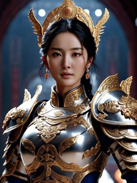 yangmi woman, photo realistic,heaven armor, armor is  flamboyant and exaggerated, also exquisitely detailed, sharply focused, sharply detailed, centered, rule of thirds, radiant light, detailed and intricate environment, trending on artstation <lora:yangmi_XLL6e4_10:0.5>