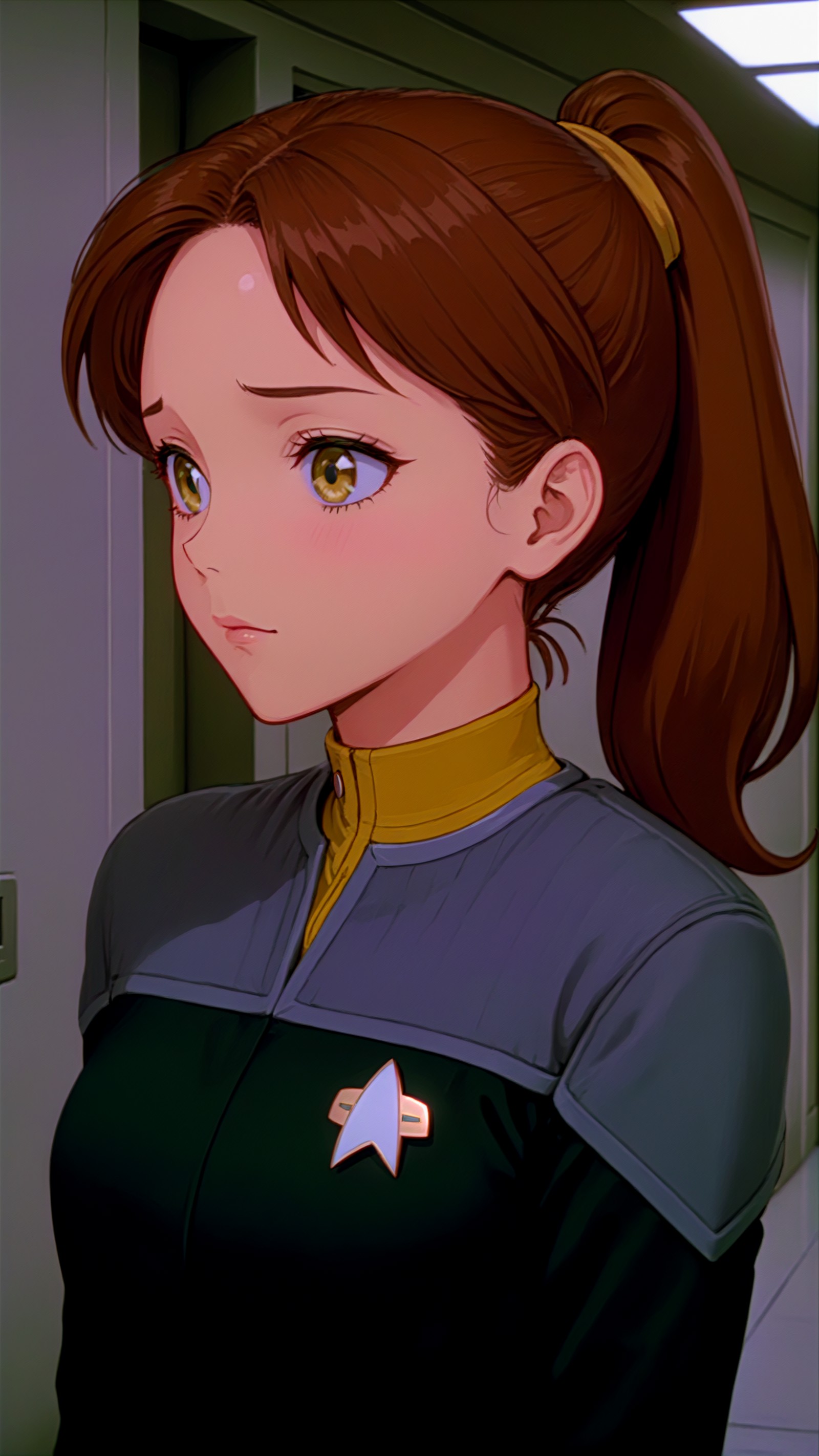 black and grey ds9st uniform,yellow collar,A anime screenshot,latino woman,brown hair,ponytail,in a hallway,<lora:DS9XLVGR...