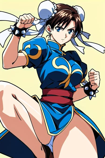 Masterpiece, best quality, absurdres, Anime screencap, 1girl, blue_dress, bracelet, breasts, brown_eyes, brown_hair, brown_legwear, bun_cover, china_dress, chinese_clothes, chun-li, clenched_hand, clenched_hands, double_bun, dress, earrings, fighting_stance, jewelry, pantyhose, pelvic_curtain, puffy_short_sleeves, puffy_sleeves, sash, short_sleeves, simple_background, solo, spiked_bracelet, spikes,  <lora:aSFIIMovieCLV14p:0.65>