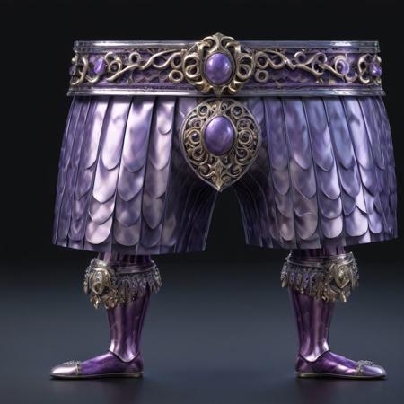 hyper-realistic, rich, (pale-purpure: 1.2) polished steel shorts with rich ornate, black background