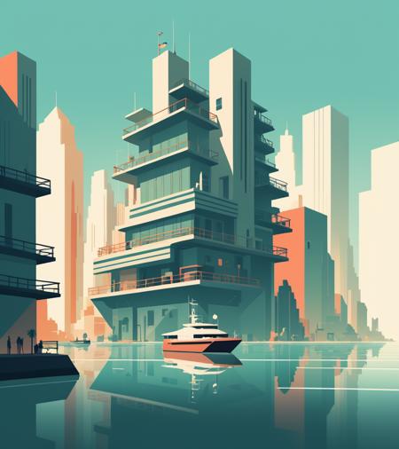 concept art <lora:FF-Style-James_Gilleard:1> in the style of James Gilleard a city with buildings and a boat on the water, in style of digital illustration, in style of james gilleard, atelier olschinsky, a beautiful artwork illustration, james gilleard artwork, nicolas bouvier sparth, very coherent stylized artwork, inspired by James Gilleard, vector behance hd jesper ejsing, stunning digital illustration, digital concept art illustration,(Dichromatic:1.3) . digital artwork, illustrative, painterly, matte painting, highly detailed