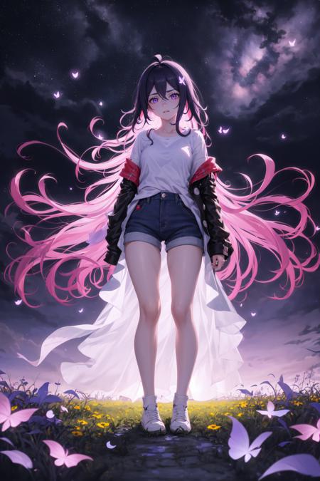 <lora:seeleHsr-07:1>,1girl,masterpiece, best quality,incredibly absurdres,long hair,(((glowing colorful meadow))),fantasy colorful,starry sky,night sky,standing,glowing butterfly,glowing effect,(white t-shirt),white denim,loose jacket,looking at viewer,white shoes,close view,facing viewer,glowing eyes,glowing nebula sky