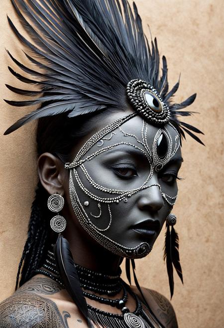 A beast made of writhing shadows and molten metal, with empty eye sockets that bleed black mist, 3D art, minimalist, ink drawing, graphite texture, rough cotton paper, monochrome, tribal portrait, detailed beadwork, feathers, face paint, subtle elegance, organic lines, cultural elements, textured surface, understated beauty, refined, traditional adornment, artistic realism, timeless composition