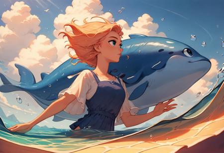 score_9, score_8_up, score_7_up, score_6, score_5_up, score_4_up, 1girl, fully clothed, official art, looking ahead, graceful, view from far underneath, swimming beside a blue whale, 8k detail, underwater color, surface light cascading down