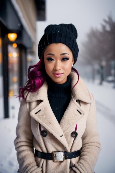 professional portrait photograph of a gorgeous  girl in winter clothing, skidi-6500,  sultry flirty look, (freckles), gorgeous symmetrical face, cute natural makeup, wearing elegant warm winter fashion clothing, ((standing outside in snowy city street)), stunning modern urban environment, ultra realistic, concept art, elegant, highly detailed, intricate, sharp focus, depth of field, f/1. 8, 85mm, medium shot, mid shot, (((professionally color graded))), bright soft diffused light, (volumetric fog), trending on instagram, hdr 4k, 8k