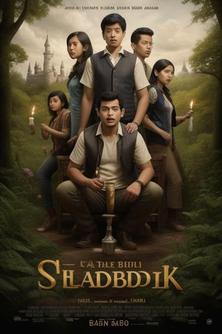 movieposter, 1boy, male focus, uniform, real life insert, 6+boys, multiple girls, food, castle, afro, collared shirt, forest, plant, denim, facial hair, candle, jacket, vest, monochrome, ground vehicle, black hair, pickaxe, cloud, necklace, text focus, t-shirt, clenched hands, barefoot, title