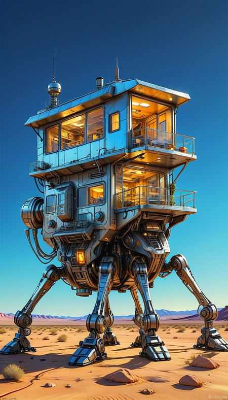 (cel-shading:2)+, (in ARTIST style:1.6), (masterpiece:1.7), hyperrealism, glossy, shinny, night:2,
clear image, accurate picture, clear picture, precise image, focused image, Science fiction style, Science fiction, neon, glowing neon,
(glass and metal house with cozy comfy living space inside) on mechanical legs, science fiction, aquarium on mechanical legs focus, night desert background, mecha,
comic style, (ultra sharp focus:2), (thin lines:2),
(best quality:1.8),
<lora:Apparatus_-_Traction_City_Walkers_Vehicles:0.8>,