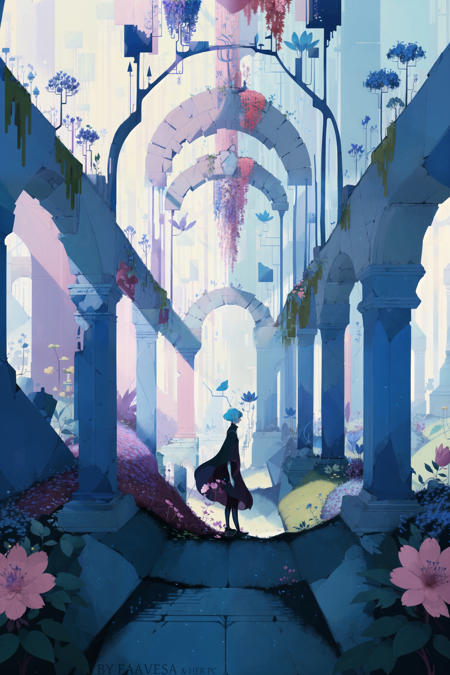 girl walking in blue forest, intricate high detailed ruins, short hair, long cape, perfect face, calm, lush plants and flowers, sharp focus, straight lines, (masterpiece, best quality:1.2), artstation, cartoon style, flat colors, grisgame style, [[by simon stalenhag]], <lora:grisgame:0.8>