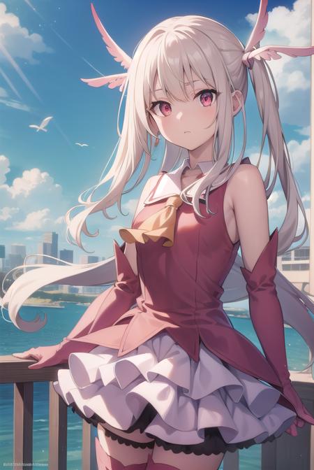 illyasvielvoneinzbern, <lora:illyasvielvoneinzbern-lora-nochekaiser:1>,
illyasviel von einzbern, blonde hair, hair between eyes, long hair, (red eyes:1.5),
BREAK boots, detached sleeves, earrings, feather hair ornament, feathers, gloves, hair ornament, jewelry, layered skirt, long sleeves, magical girl, miniskirt, pink footwear, pink shirt, pink sleeves, pleated skirt, shirt, skirt, sleeveless, sleeveless shirt, staff, thigh boots, thighhighs, wand, white feathers, white gloves, white skirt, zettai ryouiki,
BREAK outdoors, city, sky, cloud, sun,
BREAK looking at viewer, (cowboy shot:1.5),
BREAK <lyco:GoodHands-beta2:1>, (masterpiece:1.2), best quality, high resolution, unity 8k wallpaper, (illustration:0.8), (beautiful detailed eyes:1.6), extremely detailed face, perfect lighting, extremely detailed CG, (perfect hands, perfect anatomy),