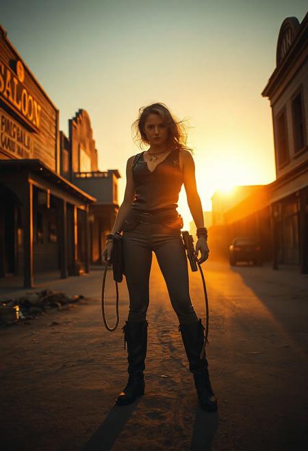 A fearless cowgirl standing alone on a dusty main street of an old western village, during golden sunset, holding a rope and a revolver, wind blowing dust and trash around, saloon on the left, old bank on the right, cinematic lighting, dramatic shadows, ultra-realistic style, 35mm film photography, low angle shot, golden hour glow, confident expression, leather outfit, wind-blown hair