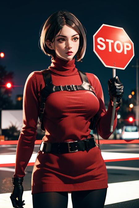 <lora:yomama_holding_stop_sign_v2-10:0.7> yomama_holding_stop_sign, 1 girl  <lora:adawong-re-richy-v1:0.8> adasweater, red sweater, turtleneck, harness, pantyhose, black gloves, belt,