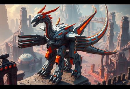 epic details Intricate mecha robot inspired by Hot Red Dragon Archfiend Abyss, gray with vibrant orange and blue accents, long neck, tail, dinosaur-like silhouette, heavily armed with multiple cannons, standing in dynamic pose amidst Ancient City - Rainbow Ruins. Isometric view, captivating lighting, cinematic atmosphere. Trending on Artstation, CGSociety, 4K, Octane render, Unreal Engine 5, beautiful matte painting, intricate detail, sharp lines, illustrated by Greg Rutkowski, Robert Horn, Filip Hodas.