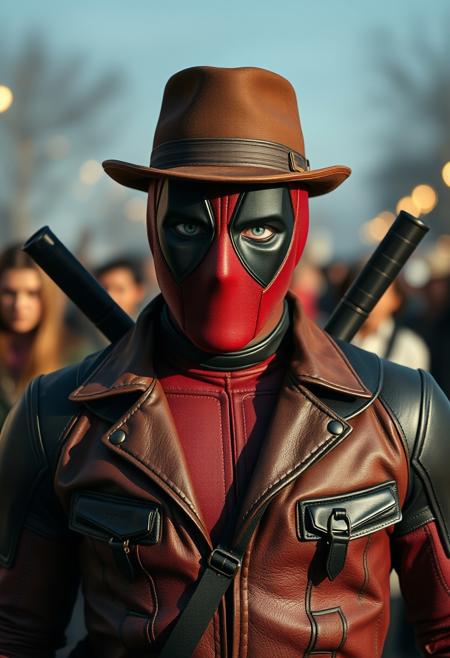Deadpool, wearing a brown leather jacket and a tophat, cinematic, 4k, wide-angle
