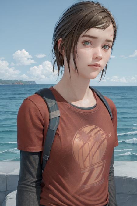 (best quality:1) , (masterpiece:1), (ultra detailed:1), TLOU_EW, photorealism, upper body, (looking at viewer:1.1), (scenery, ocean background:1.2) <lora:lora_TLOU_EW_4thGhostMix_AltSettings-000022:0.6>