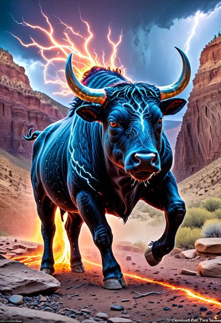 In the heart of a stormy canyon, a raging bull with obsidian-black fur and eyes glowing like embers charges through the landscape, its hooves sparking fire with every stomp. Legends say this bull was born from lightning itself, a spirit of fury unleashed to protect an ancient treasure buried beneath the canyon floor. As thunder roars above, the bull confronts a lone wanderer, who must decide: face the beast head-on or uncover a way to calm its tempestuous soul.