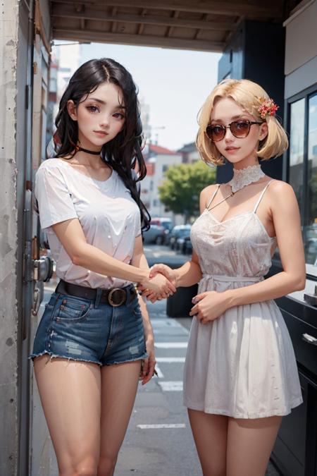 2girls, smile, looking at viewer, handshake, <lyco:concept_handshake-11:0.6> BREAK
nevin, long hair, black hair, red eyes, white shirt, short sleeves, <lora:Nevin:0.6> BREAK
1girl, blonde hair, sunglasses, white dress