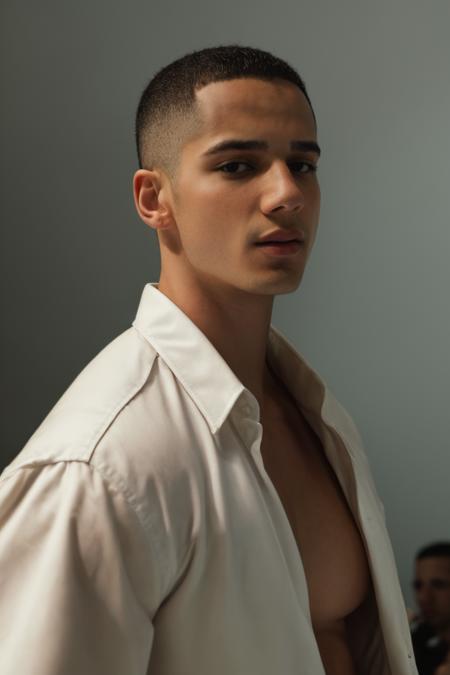 RAW photo, photo of man jordan_torres wearing closed buttoned up givenchy shirt posing at the end of a fashion runway, low angle, <lora:Jordan_Torres-10:1>, 8k uhd, dslr, soft lighting, high quality, film grain, Fujifilm XT3