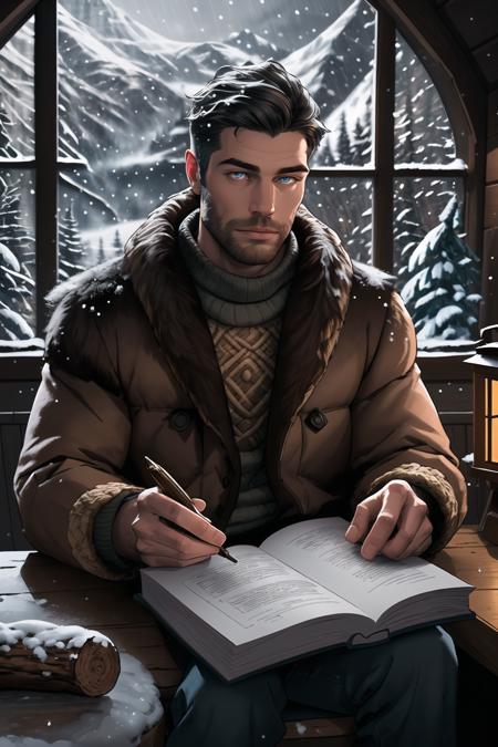 Handsome man wearing a bulky fur coat, detailed hair, sitting in a well lit warm log wood cabin indoors, winter time, cozy scene, detailed reflective eyes, holding a book and lantern, warm lighting, (stormy snow window in the background), luxurious lodge, professional detailed graphic novel illustration, intricate linework, intricate strokes