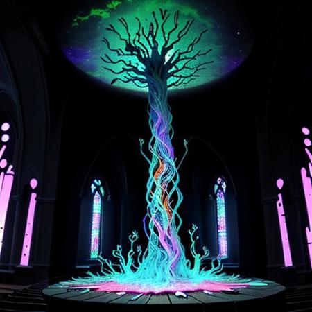 Create a 3 minutes video for YouTube about Kleptoparasi King of all Calamities  An eerie mushroom cathedral, its bioluminescent interior casting a soft, ethereal glow. The walls and ceiling are lined with cracked, glowing blue veins that mimic the intricate patterns of shattered glass, hinting at the presence of archaea and bacteria. In the center of this mystical space, a Kleptoparasi is a mixes of archaea/bacteria/mushroom/parasite/fungi a living virse humanoid entity, stands tall with its translucent bioluminescence glass like skin revealing a complex network of neon glowing veins in the same electric blue hue. Its eyes are two piercing dots of light that seem to pulse in sync with the surrounding fungal structure. The creature wears tattered robes made from what appear to be discarded membrane scraps, giving it an otherworldly, yet strangely organic appearance. As it steps into the heart of the cathedral, its veins flare up in a symphony of colorful flames—purple, teal, yellow, green, red, orange, and pink—manifesting its Kleptoparasitism Striker form. Its hands are now engulfed in a fiery dance of multiple hues, each flame representing a different type of energy stolen from various hosts. The parasite's posture is one of determination, its eyes focused on the horizon of the mushroom forest beyond, symbolizing its relentless pursuit of new life to infect and adapt to. The scene is a mesmerizing blend of beauty and horror, showcasing the delicate balance of life