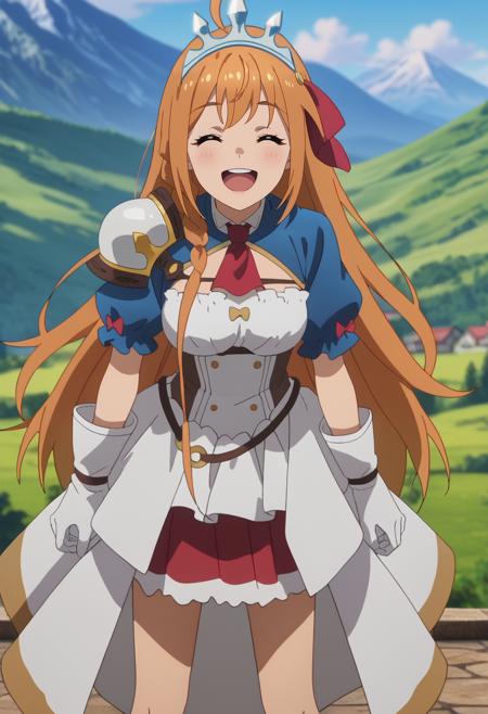 long hair, orange hair, side braid, ahoge, closed eyes, tiara PecorineDress, white dress, red ascot, shoulder armor, puffy short sleeves, blue sleeves, white gloves, layered skirt, white skirt, red skirt PecorineSwimsuit, white babydoll, white bikini, red ribbon, navel