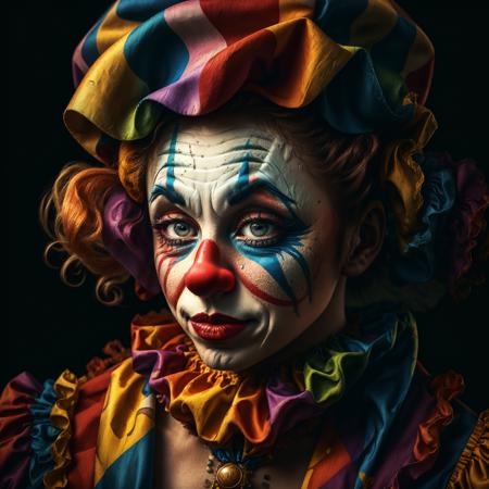 A clown,  colorful,
yang08k, photography, beautiful,  black background,
masterpieces, top quality, best quality, official art, beautiful and aesthetic,  realistic,
 <lora:yang08k:0.7>