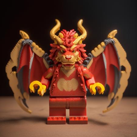 <lora:lego1.5v1:1>chinese dragon,golden,scales, dragon horns, red hair, dragon claws, Symmetrical beauty, Lego minifigure