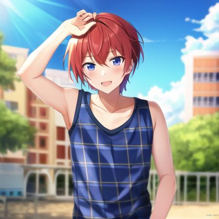 <lora:tsukasa_suouV22:0.6>, best quality, masterpiece, 1boy, (tsukasa_suou), (idol), solo, standing, [in stage:0.3], red hair,(cowboy shot:0.6)