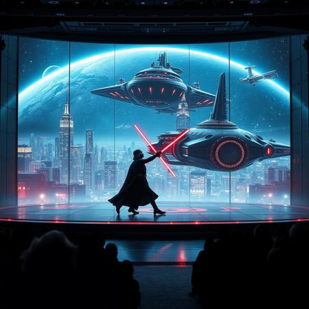 immaculately detailed realistic ultra quality image focused on Darth Vader (Star Wars) and Harry Potter engaged in a duel on a futuristic stage micro-LED lighted, behind the dancer on the stage is an enormous seamless and futuristic wall to wall and floor to ceiling window that looks out at a the planet's surface covered with the lights of enormous buildings and cities, An enormous deco starship with futuristic lighting and an enormous space station are visible in the background among the stars, Artistic art deco, dynamic perspective, (((overall architectural aesthetic is Art Deco Cyberpunk))).  Epic image that elicits a feeling of romanticism, wonder, and awe, the silhouette of the audience can be seen in the foreground that show the enormous scale of the stage and seamless window behind it,