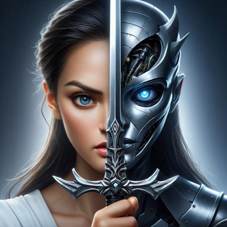 create an realistic image of a beautiful woman holding sword infront of face, half of the face is beautiful woman, on other half is high tech robot face, TwoFace Blade, HD, masterpiece, best quality, hyper detailed, ultra detailed,